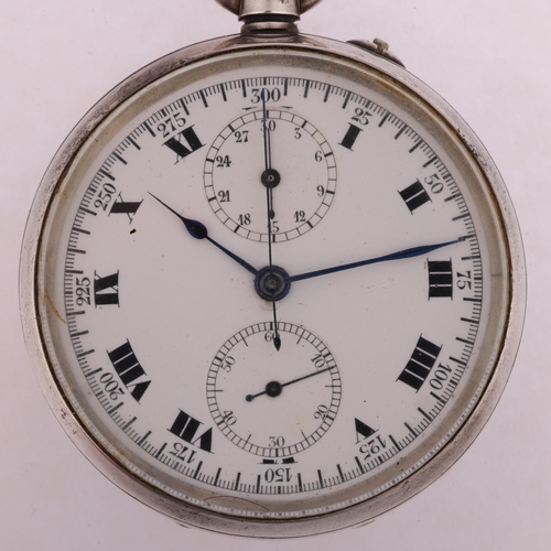 2068 - An early 20th century silver-cased open-face keyless chronograph pocket watch, white enamel dial wit... 