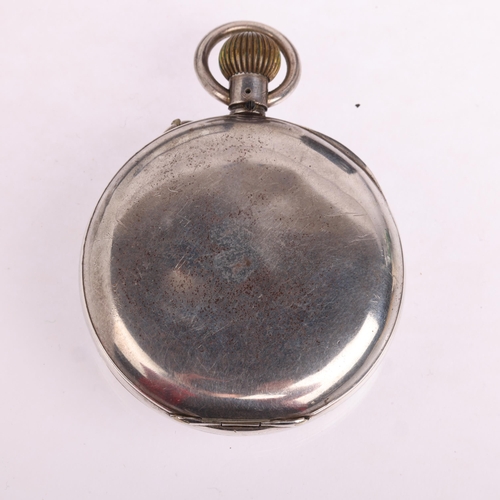 2068 - An early 20th century silver-cased open-face keyless chronograph pocket watch, white enamel dial wit... 