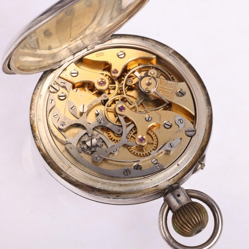 2068 - An early 20th century silver-cased open-face keyless chronograph pocket watch, white enamel dial wit... 