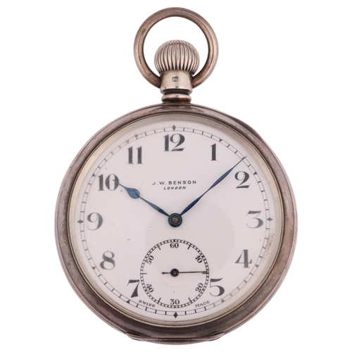 2070 - J W BENSON - an early 20th century silver open-face keyless pocket watch, white enamel dial with Ara... 