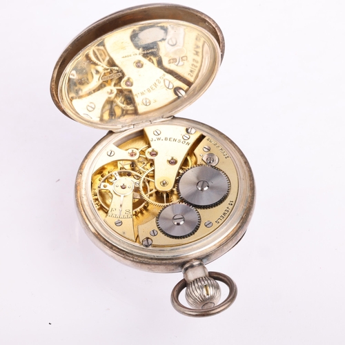 2070 - J W BENSON - an early 20th century silver open-face keyless pocket watch, white enamel dial with Ara... 