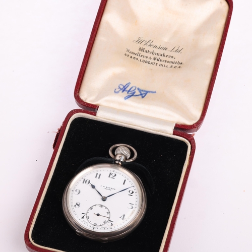 2070 - J W BENSON - an early 20th century silver open-face keyless pocket watch, white enamel dial with Ara... 