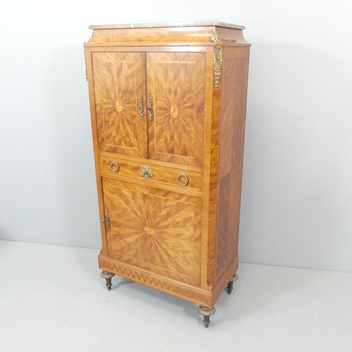 A late 19th Century French kingwood marquetry inlaid and marble topped cabinet, with brass mounts, having 2 doors and single drawer. With label to reverse for Les fils d'Alfred Wimphen, Paris. 68x137x36cm. With 2 keys.