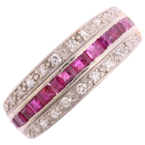 2101 - An Art Deco ruby and diamond triple-row half eternity ring, circa 1925, channel and pave set with ca... 