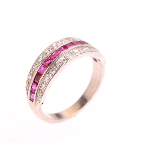 2101 - An Art Deco ruby and diamond triple-row half eternity ring, circa 1925, channel and pave set with ca... 