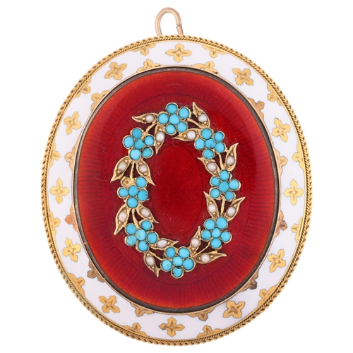 2100 - A fine Victorian turquoise pearl and enamel mourning pendant/brooch, circa 1860, the central red ena... 