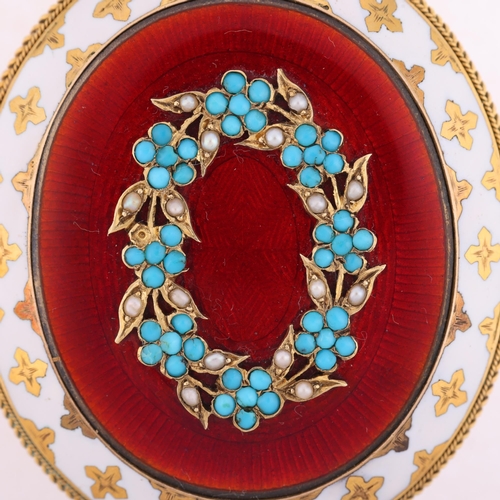 2100 - A fine Victorian turquoise pearl and enamel mourning pendant/brooch, circa 1860, the central red ena... 