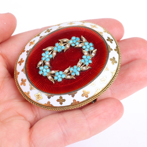 2100 - A fine Victorian turquoise pearl and enamel mourning pendant/brooch, circa 1860, the central red ena... 