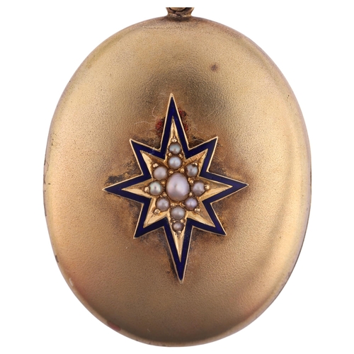 2102 - A Victorian split pearl and blue enamel star photo locket pendant, circa 1880, oval form with applie... 