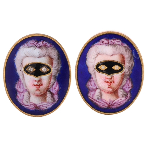 2103 - A pair of Antique French Masquerade dress studs, maker HR BTF, oval panels with hand painted enamel,... 