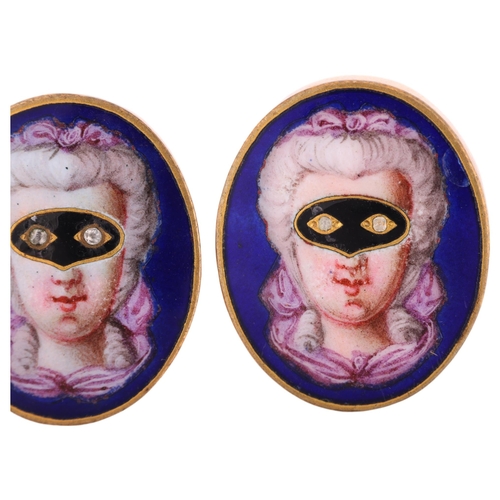 2103 - A pair of Antique French Masquerade dress studs, maker HR BTF, oval panels with hand painted enamel,... 