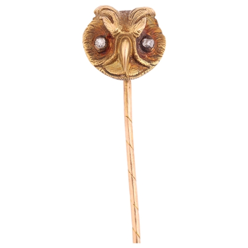 2104 - ATTRIBUTED TO PAUL ROBIN - a French 18ct gold diamond owl mask stickpin, circa 1880, modelled as an ... 