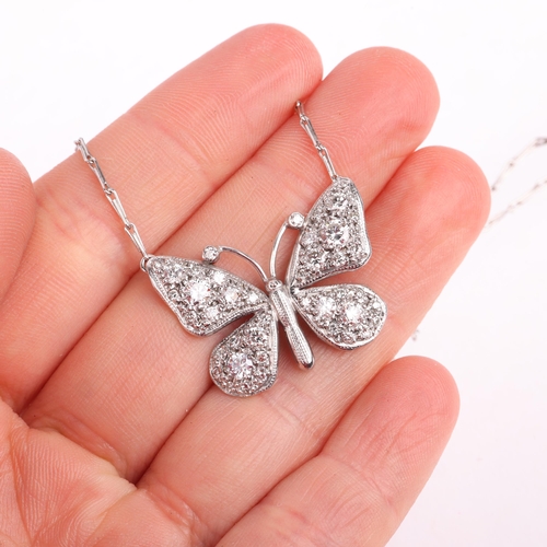 2119 - An 18ct white gold diamond butterfly pendant necklace, by Peter Farrow, pave set with modern round b... 