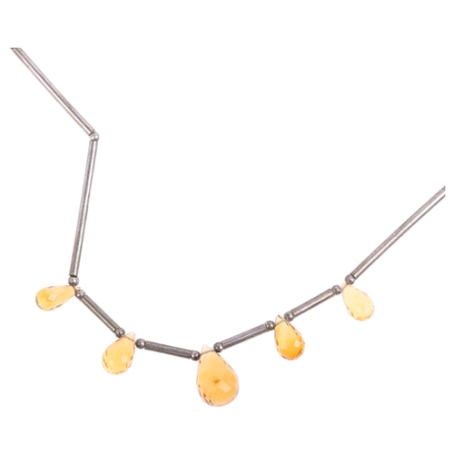 2520 - A modern sterling silver citrine fringe necklace, set with briolette-cut citrines, largest 14.1mm, 4... 