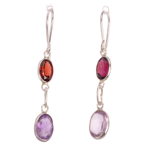 2525 - A pair of silver amethyst and garnet drop earrings, with stud fittings, 34.3mm, 1g