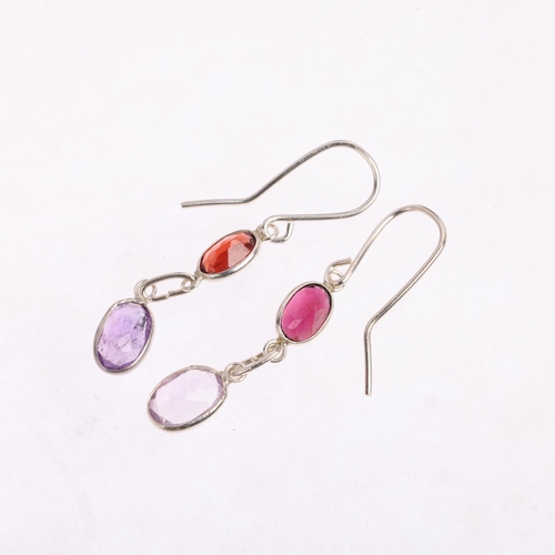 2525 - A pair of silver amethyst and garnet drop earrings, with stud fittings, 34.3mm, 1g