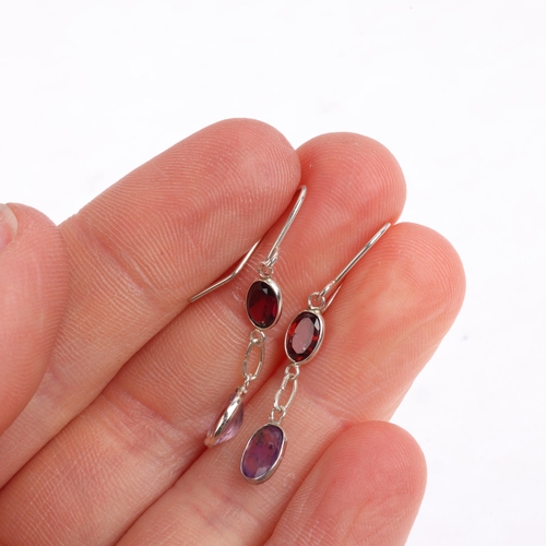 2525 - A pair of silver amethyst and garnet drop earrings, with stud fittings, 34.3mm, 1g