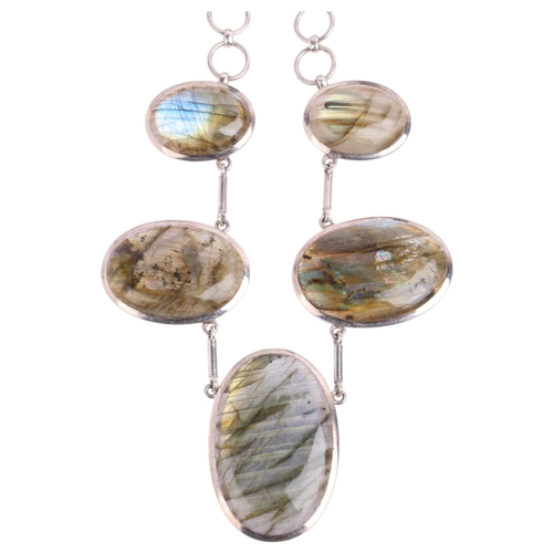 2526 - A large sterling silver labradorite panel necklace, set with graduated oval cabochon labradorite, la... 