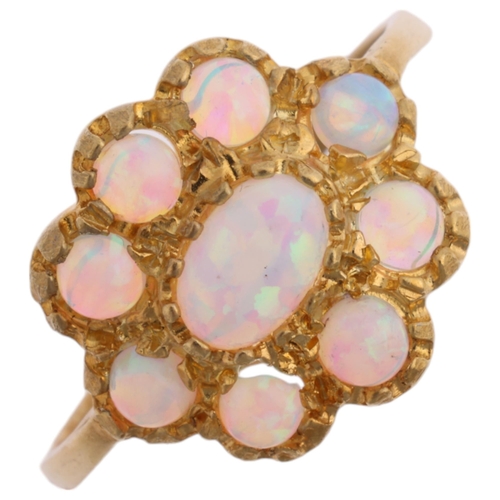 2528 - A modern silver-gilt synthetic opal cluster ring, in the Victorian style, setting height 13.5mm, siz... 