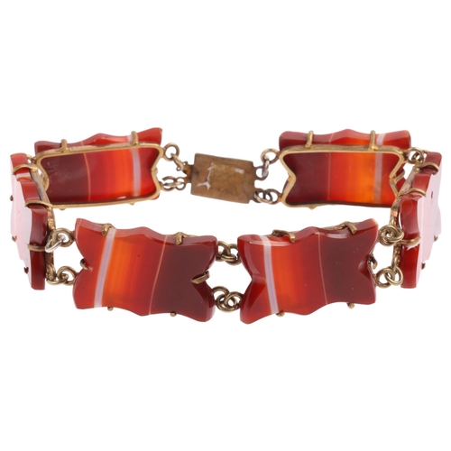 2529 - A Scottish banded agate hardstone panel bracelet, gilt-metal settings, 19cm, 20.6g