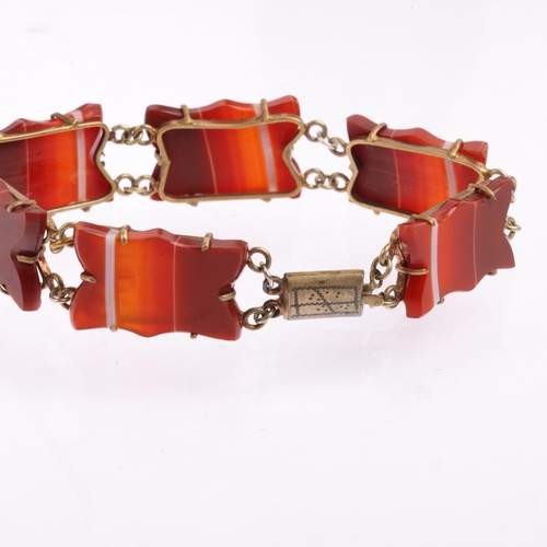 2529 - A Scottish banded agate hardstone panel bracelet, gilt-metal settings, 19cm, 20.6g