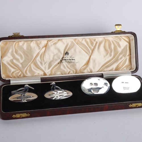 2668 - A cased set of 4 Art Deco George VI Scottish silver game bird menu card holders, Brook & Son, Edinbu... 