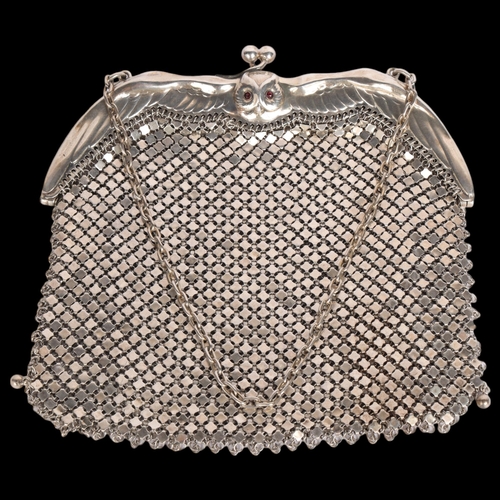 2677 - An Art Nouveau German 800 silver garnet owl evening bag, frame width 16.5cm, 7.9oz gross