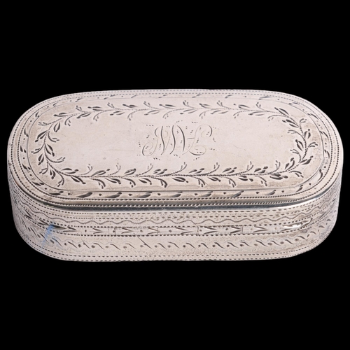 2680 - A George III silver snuffbox, Samuel Pemberton, Birmingham 1799, oval form with bright-cut engraved ... 