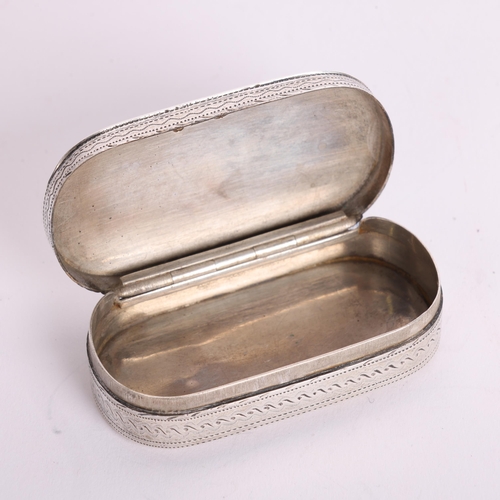 2680 - A George III silver snuffbox, Samuel Pemberton, Birmingham 1799, oval form with bright-cut engraved ... 