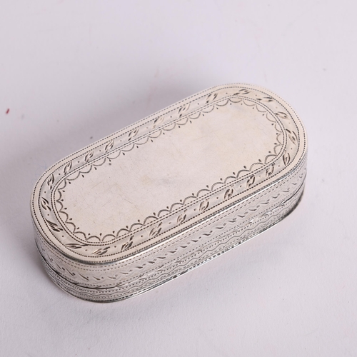 2680 - A George III silver snuffbox, Samuel Pemberton, Birmingham 1799, oval form with bright-cut engraved ... 