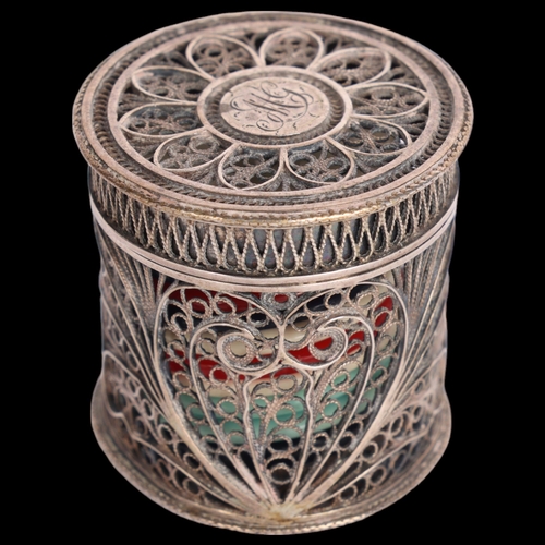 2681 - A George III silver filigree gaming counter box, cylindrical form with floral decoration, 3cm