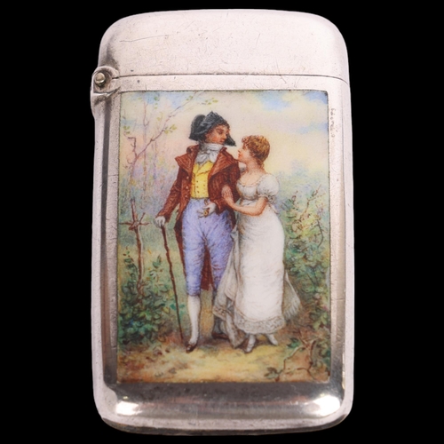 2684 - An Antique Austrian silver and enamel 'Courting Lovers' Vesta case, hand painted decoration with gil... 