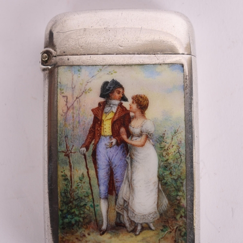 2684 - An Antique Austrian silver and enamel 'Courting Lovers' Vesta case, hand painted decoration with gil... 