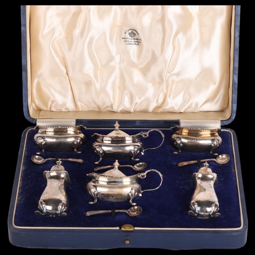 2713 - A cased George VI silver 6-piece cruet set, Mappin & Webb, Birmingham 1940, comprising 2 mustard pot... 