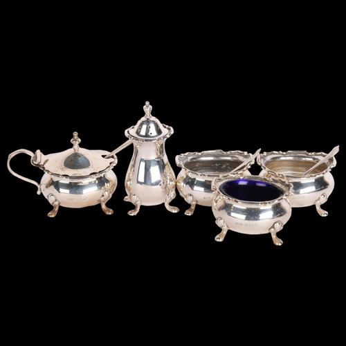 2724 - A George V silver 5-piece cruet set, ES Barnsley & Co, Birmingham 1919, comprising mustard pot, pepp... 