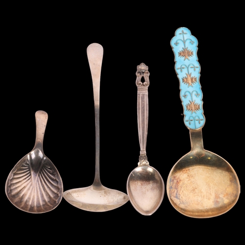 2727 - 4 silver spoons, including George III tea caddy spoon, Georg Jensen Danish Kongens coffee spoon, Tos... 