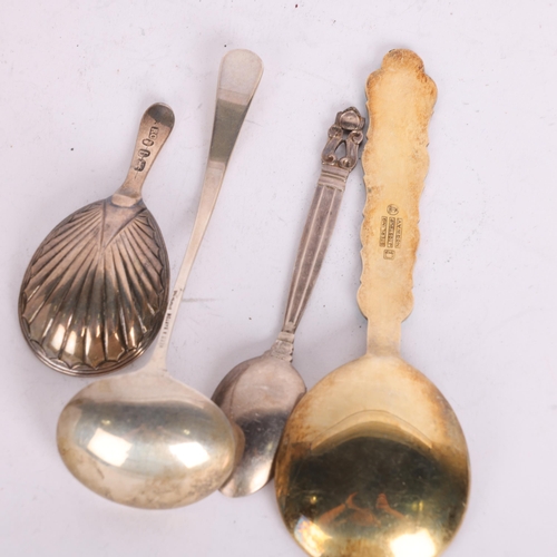 2727 - 4 silver spoons, including George III tea caddy spoon, Georg Jensen Danish Kongens coffee spoon, Tos... 