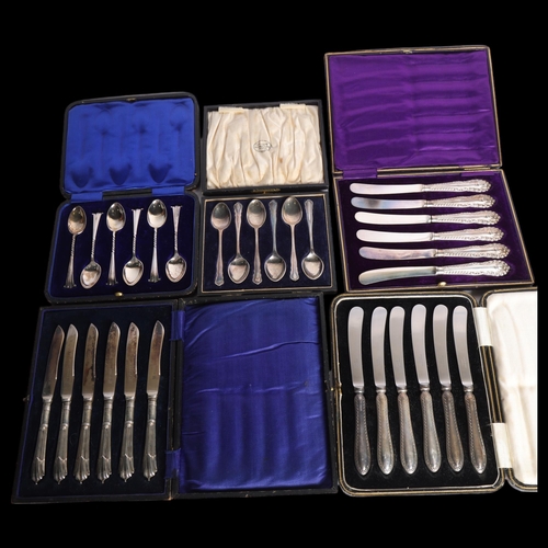 2734 - 5 cased sets of silver flatware, including teaspoons and dessert knives, 5.3oz weighable