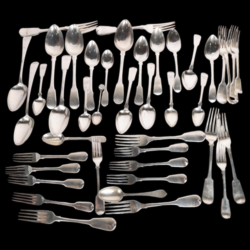 2742 - A quantity of Antique silver Fiddle pattern flatware, mostly George III, including tablespoons, fork... 