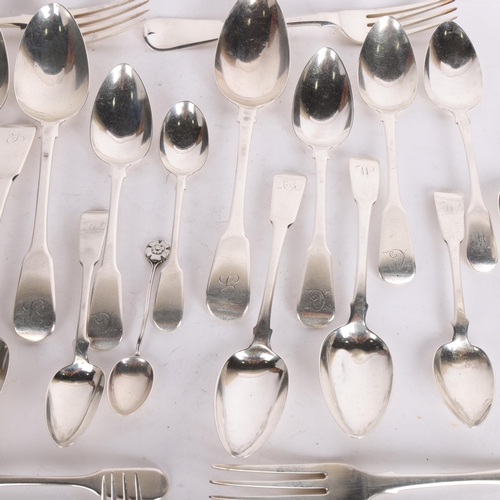 2742 - A quantity of Antique silver Fiddle pattern flatware, mostly George III, including tablespoons, fork... 