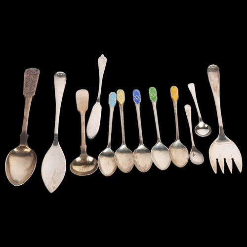 2744 - Various silver flatware, including enamel teaspoons, 4.2oz total