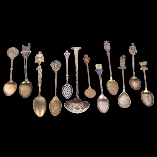 2745 - Various silver flatware, including Continental souvenir spoons, Victorian shell sugar sifter spoon, ... 