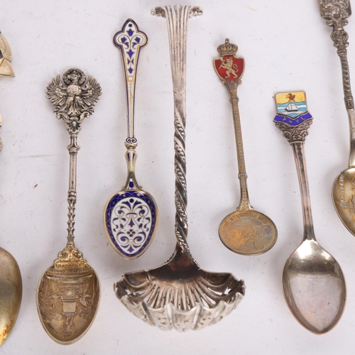 2745 - Various silver flatware, including Continental souvenir spoons, Victorian shell sugar sifter spoon, ... 