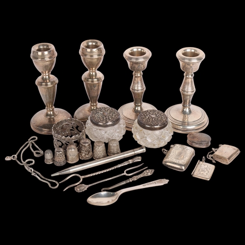 2750 - Various silver, including pair of candlesticks, thimbles, dressing table jars, Vesta case, etc