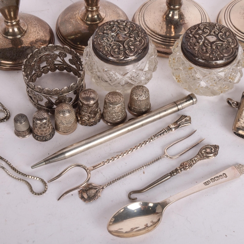 2750 - Various silver, including pair of candlesticks, thimbles, dressing table jars, Vesta case, etc