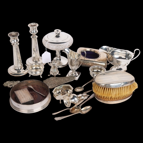 2752 - Various silver, including dressing table powder jar, pair of candlesticks, wine coaster, clothes bru... 