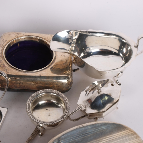 2752 - Various silver, including dressing table powder jar, pair of candlesticks, wine coaster, clothes bru... 