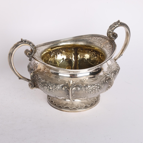 2762 - A George IV silver pumpkin sugar bowl and cream jug set, Benjamin Smith, London 1830, relief embosse... 