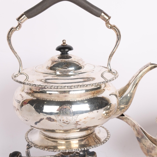 2769 - An Edwardian silver 2-piece tea set, Atkin Brothers, Sheffield 1909, comprising spirit kettle on bur... 