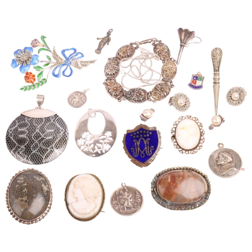 2629 - Various jewellery, including large silver and enamel floral spray brooch, miniature silver funnel, e... 